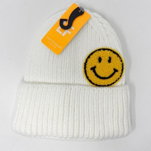 Smiley Face Knit Stocking Cap Hat Ivory - Picture 1 of 5